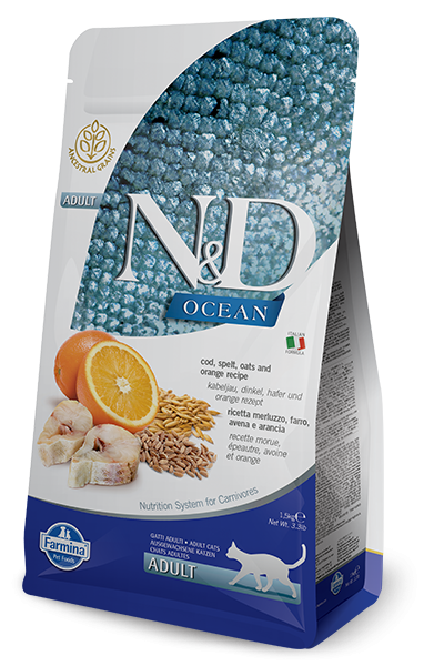 Farmina Ocean N&D Natural & Delicious Adult Cod, Spelt, Oats & Orange Dry Cat Food