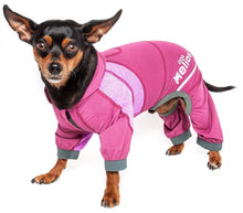 Load image into Gallery viewer, Pet Life Dog Helios Namastail Pink Full Bodied Performance Breathable Yoga Dog Hooded Tracksuit

