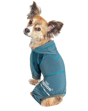 Load image into Gallery viewer, Pet Life Dog Helios Namastail Teal Full Bodied Performance Breathable Yoga Dog Hooded Tracksuit

