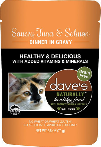 Dave's Naturally Healthy Sauccy Grain Free Tuna & Salmon Dinner Recipe Cat Food Pouch