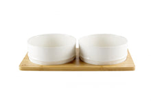 Load image into Gallery viewer, BeOneBreed White Ceramic Bowls on Bamboo Base
