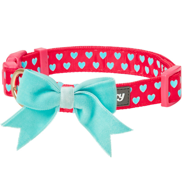 Blueberry Pet Heart Flocking Adjustable Dog Collar, Lust Red with Detachable Velvety Bowtie