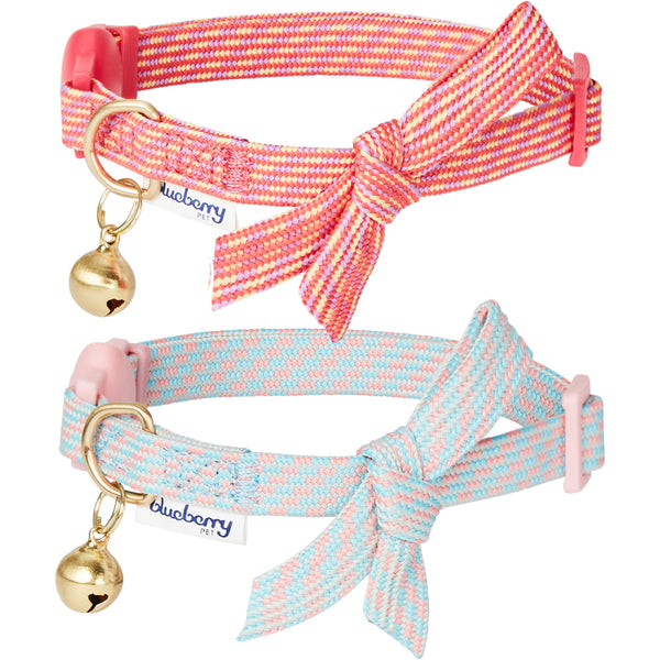 Blueberry Pet Glam Cutie Diagonal Striped Adjustable Breakaway Cat Collar with Bowtie and Bell 2 Pack