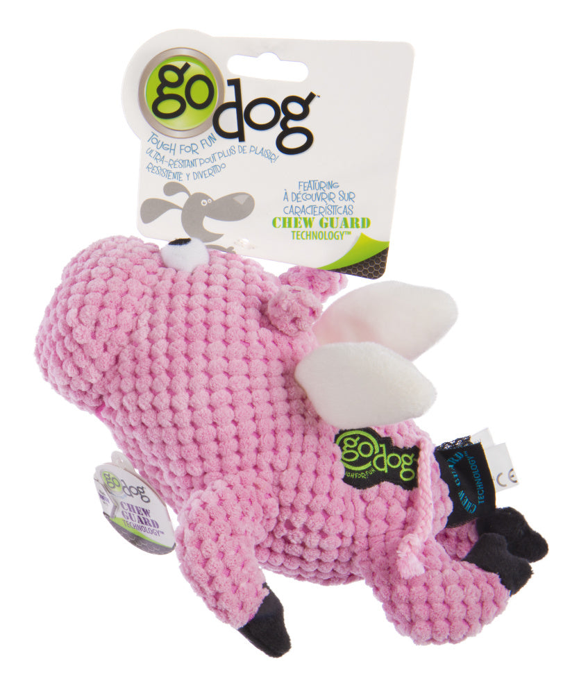 Go Dog Checkers Flying Pig with Chew Guard Technology Durable Plush Squeaker Dog Toy Pink