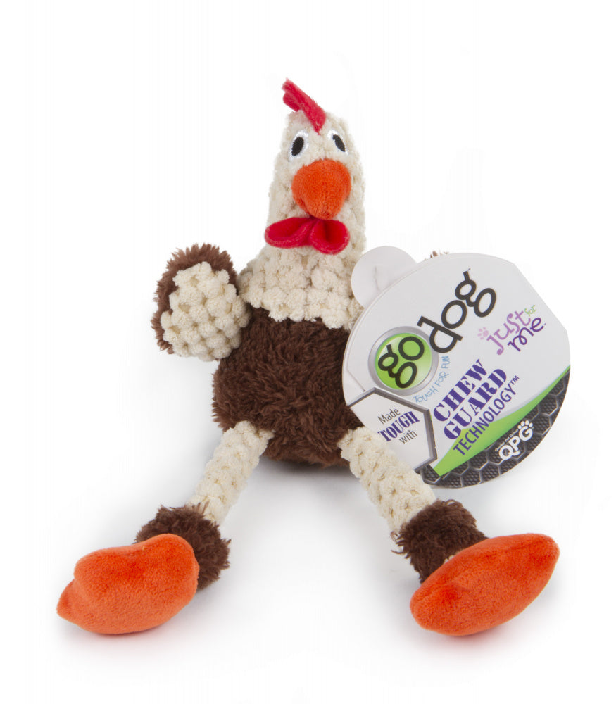Go Dog Checkers Skinny Brown Rooster with Chew Guard Technology Durable Plush Squeaker Dog Toy Mini Just for Me